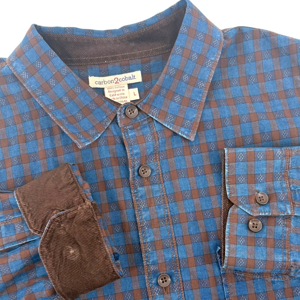 Carbon2Cobalt Mens Large Blue Brown Check Button Down Shirt 133301 Cotton